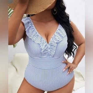 Time‎ and Tru Blue Striped Ruffle One Piece Swimsuit Plus Size 2X (20W-22W) NWOT
